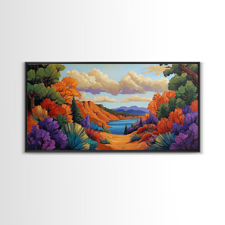 Autumn Lake, Path, Framed Canvas Print, Vibrant Fall forest trail leading to lake painting, Cozy Cabin Decor, Autumn Entryway Art