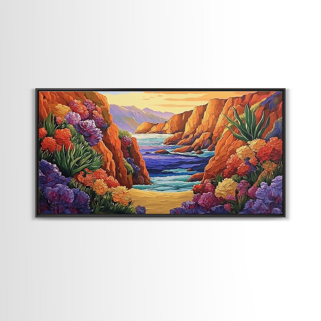 Desert Coast, Flowers, Path, Canvas Print, vibrant canyon seascape, southwest home decor, hallway wall art, colorful desert painting