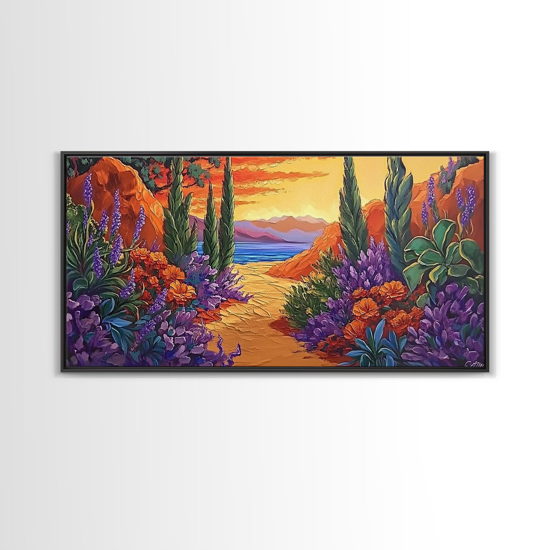 Pathway Sunset, Garden, Ocean, Canvas Print, vivid coastal floral scene, entryway decor, sunset wall art, summer vibes painting