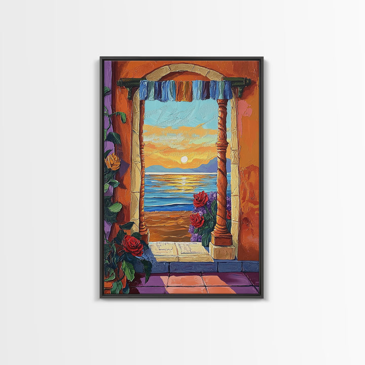 Doorway Sunset, Ocean, Romance, Canvas Print, Mediterranean seascape art, boho romantic wall decor, warm tones, Bedroom or Dining Room