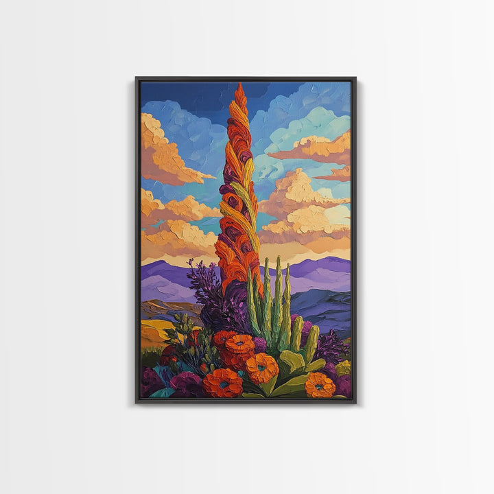 Cactus Bloom, Sunset, Desert, Canvas Print southwest desert flower art, blooming cactus painting, bright desert landscape, office decor