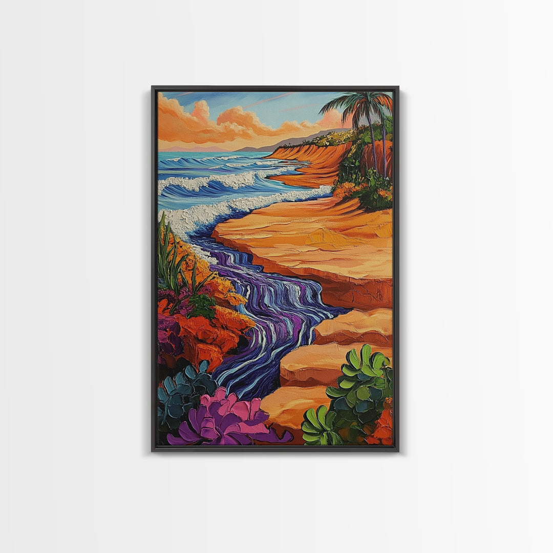 Beach Cliff, Waterfall, Sunset, Canvas Print bold beachside cliff art, ocean waterfall wall decor, coastal boho painting, living room print