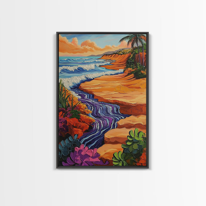 Beach Cliff, Waterfall, Sunset, Canvas Print bold beachside cliff art, ocean waterfall wall decor, coastal boho painting, living room print
