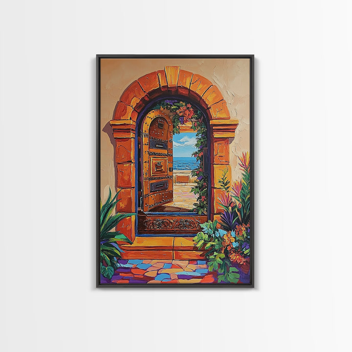 Doorway Ocean, View, Escape, Framed Canvas Print, Mediterranean coastal decor, boho travel wall art, vibrant entryway art, hallway decor