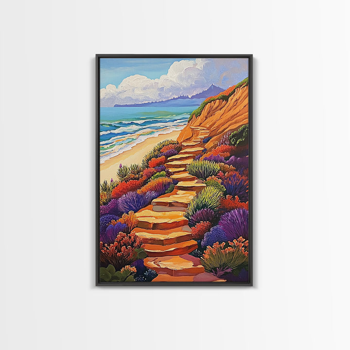 Ocean Trail, Bloom, Cliffside, Framed Canvas Print, Vibrant beach path painting, floral coastal art, boho landscape wall décor