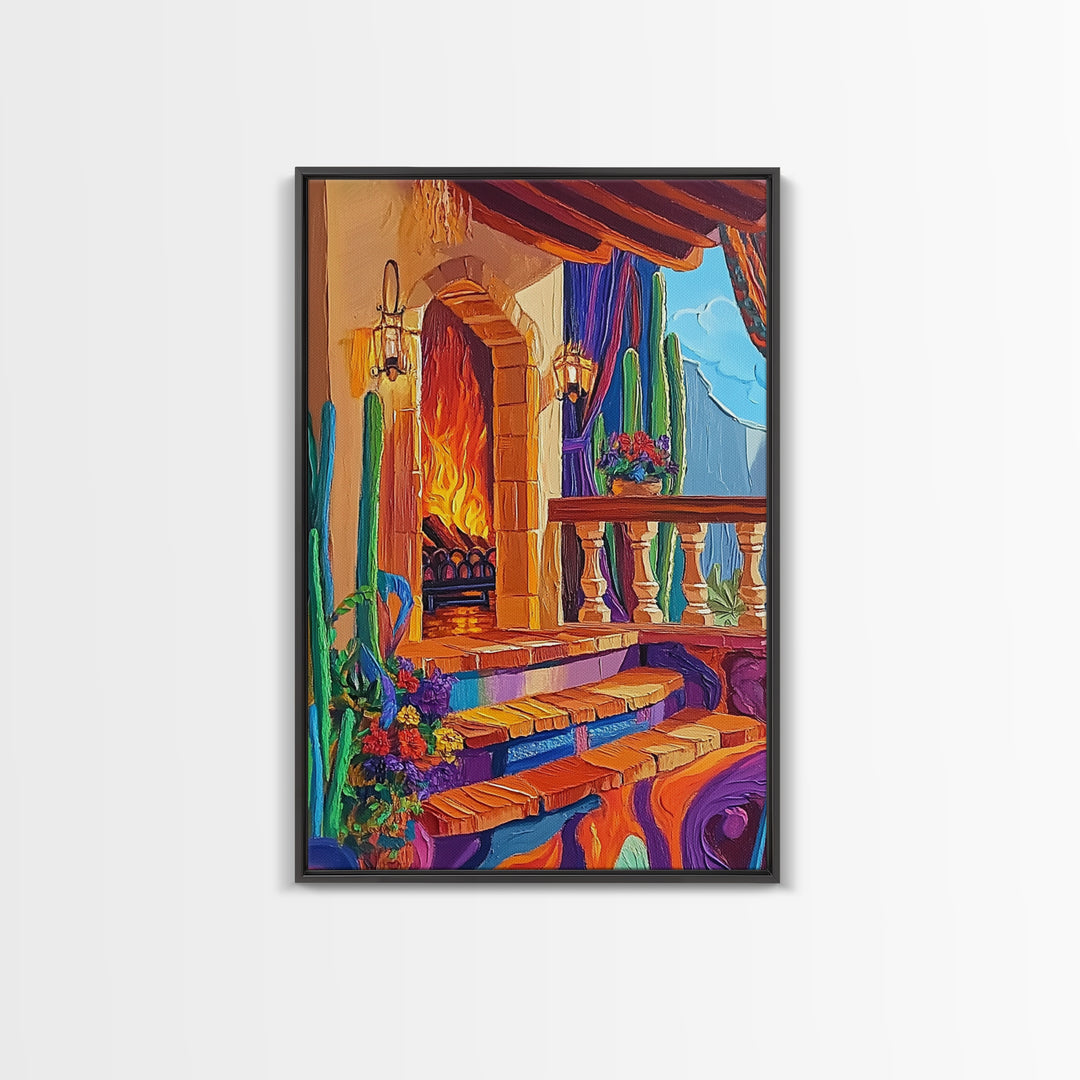Cozy Hacienda, Fireplace, Terrace, Canvas Print, Southwestern Wall Art, Warm Interior Scene, Kitchen or Dining Room Boho Decor