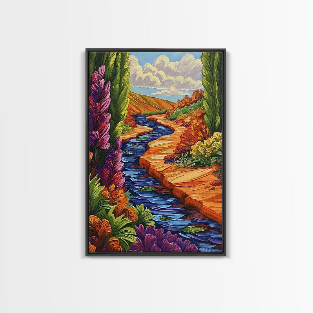 River Canyon, Fall, Flowers, Framed Canvas Print, Autumn Nature Artwork, Cozy Cabin Decor, Warm Earth Tones, Living Room Wall Art