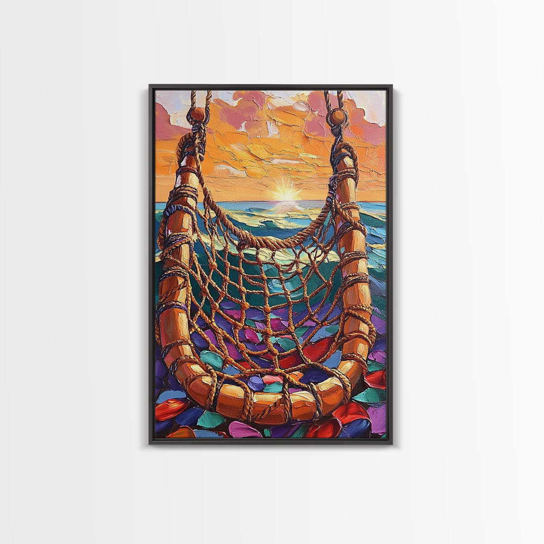 Ocean Hammock, Sunset, Boho, Framed Canvas Print dreamy hammock wall art, ocean sunset boho painting, coastal beach decor, patio art