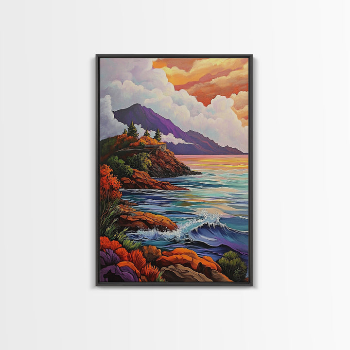Cliffs Waves, Mountains, Autumn, Framed Canvas Print, coastal cliffs wall art, crashing waves painting, Autumn landscape, living room decor