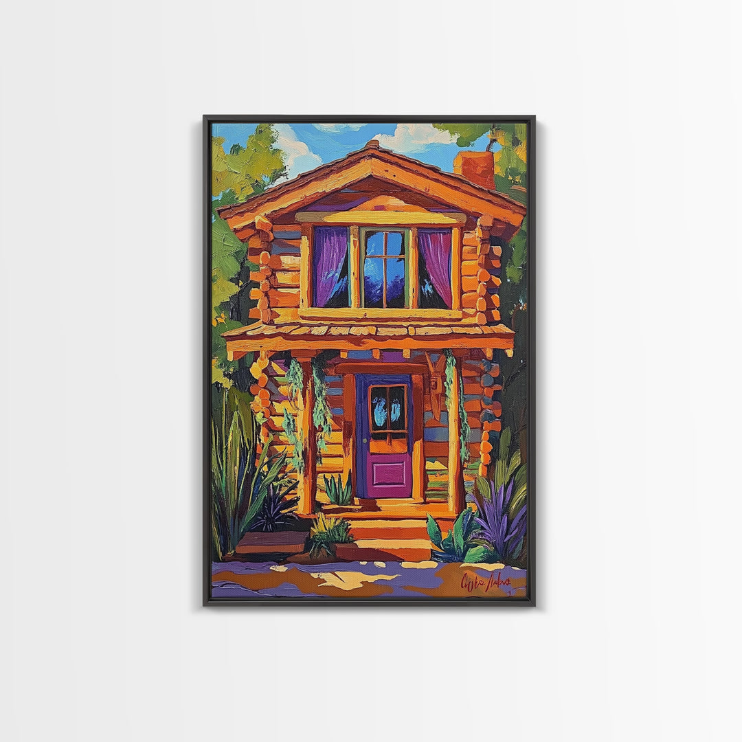 Cabin Cozy, Rustic, Nature, Framed Canvas Print log cabin wall art, autumn home decor, rustic living room print, woodland boho wall decor