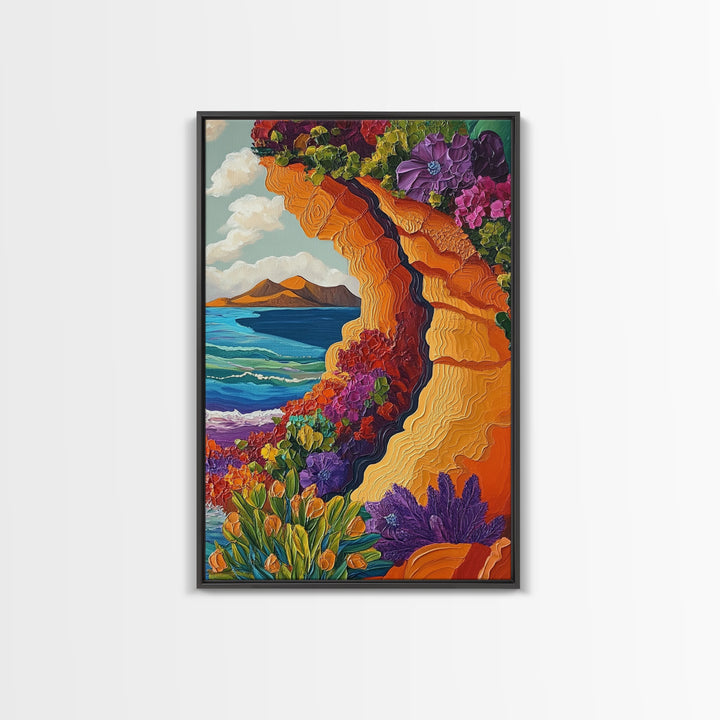 Cliffside Flowers, Ocean, Landscape, Framed Canvas Print floral coastal wall art, textured seaside painting, beach house decor, boho art style