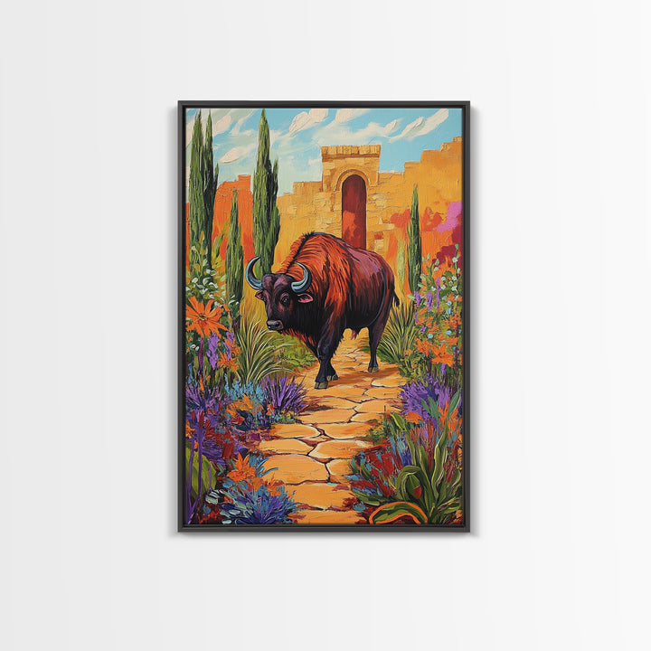 Bison Path, Desert, Framed Canvas Print, Southwest Bull Wall Art, Rustic Western Decor, Vibrant Nature Boho Style, Entryway Wall Art
