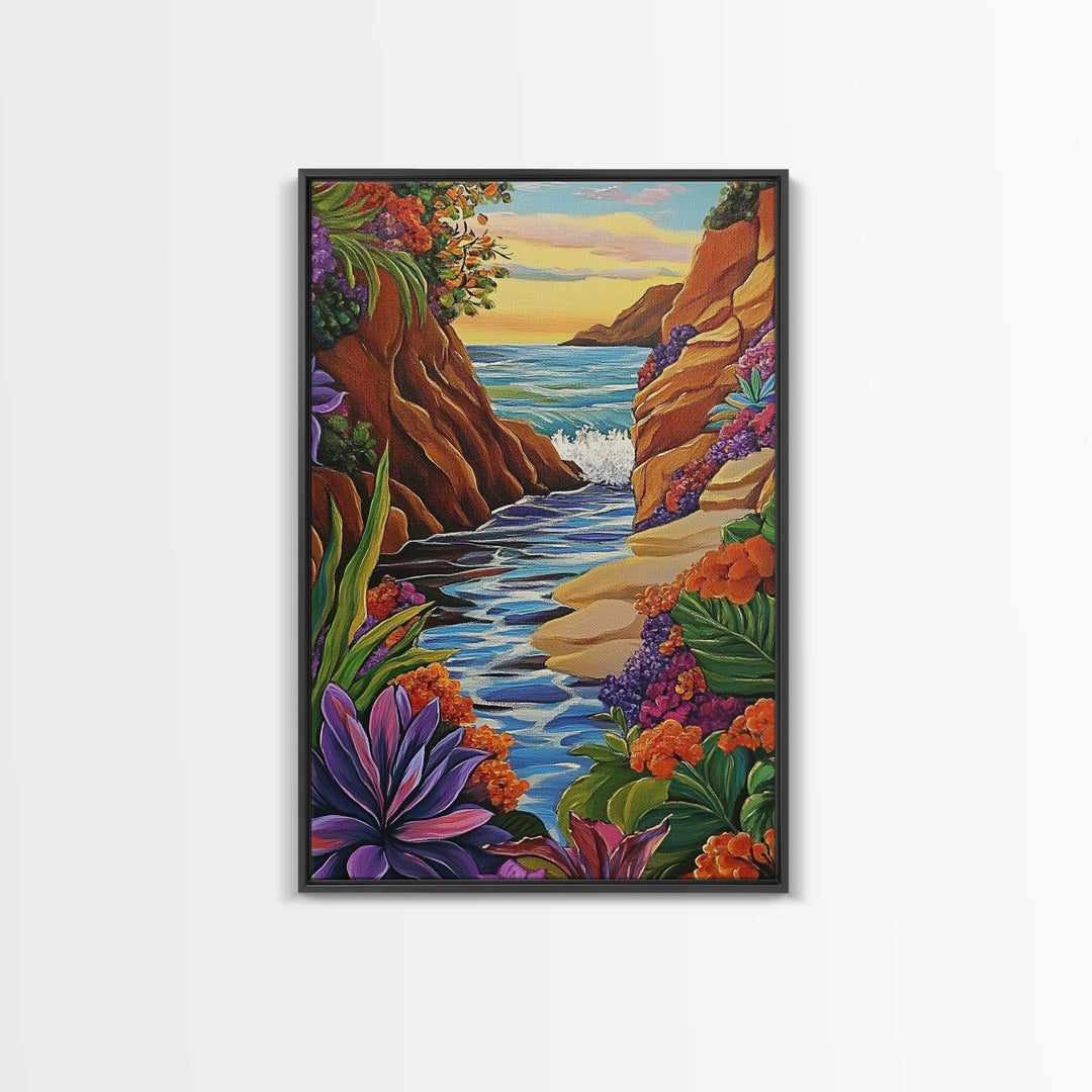 Cliff Ocean, Sunset, Framed Canvas Print, Bold Coastal Canyon Wall Art, Vibrant Nature Decor, Boho Landscape Style, Bedroom Wall Art