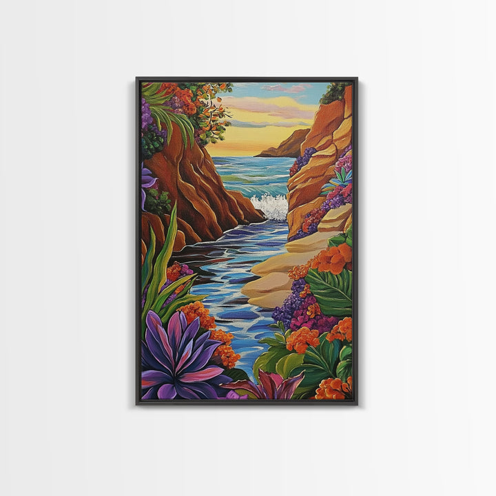 Cliff Ocean, Sunset, Framed Canvas Print, Bold Coastal Canyon Wall Art, Vibrant Nature Decor, Boho Landscape Style, Bedroom Wall Art