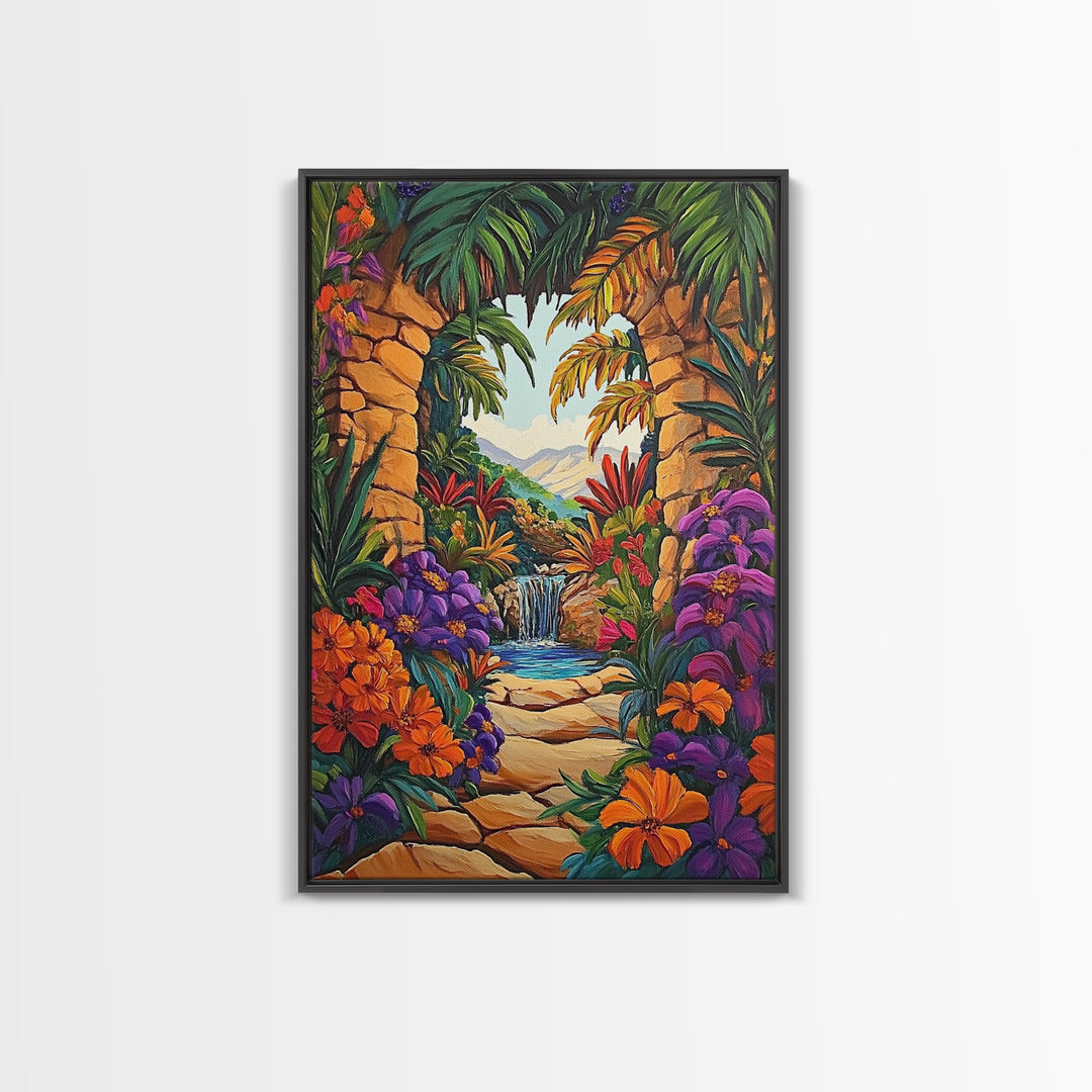 Archway Jungle, Waterfall, Framed Canvas Print, Exotic Tropical Wall Art, Bold Jungle Landscape Decor, Entryway art, Bathroom Wall Art