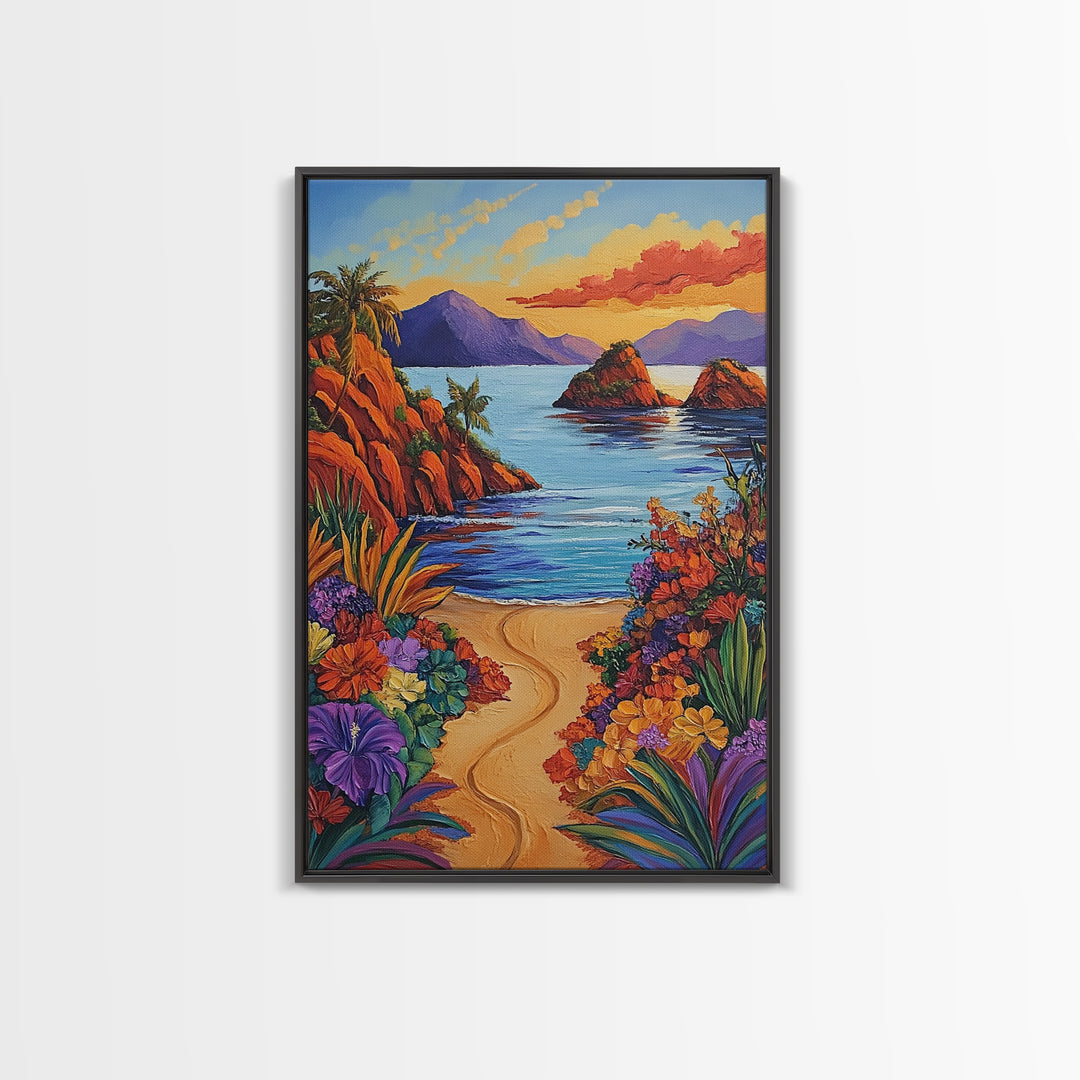 Beach, Sunset, Tropical, Floral Framed Canvas Print, Coastal Living Room Wall Art, Island Paradise Decor, Vibrant Summer Artwork