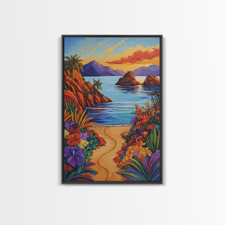 Beach, Sunset, Tropical, Floral Framed Canvas Print, Coastal Living Room Wall Art, Island Paradise Decor, Vibrant Summer Artwork