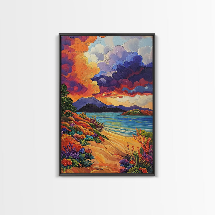 Clouds Sunset, Beach, Scenic Canvas Print, Colorful Coastal Wall Art, Vibrant Nature Landscape, Fall Living Room Art Piece