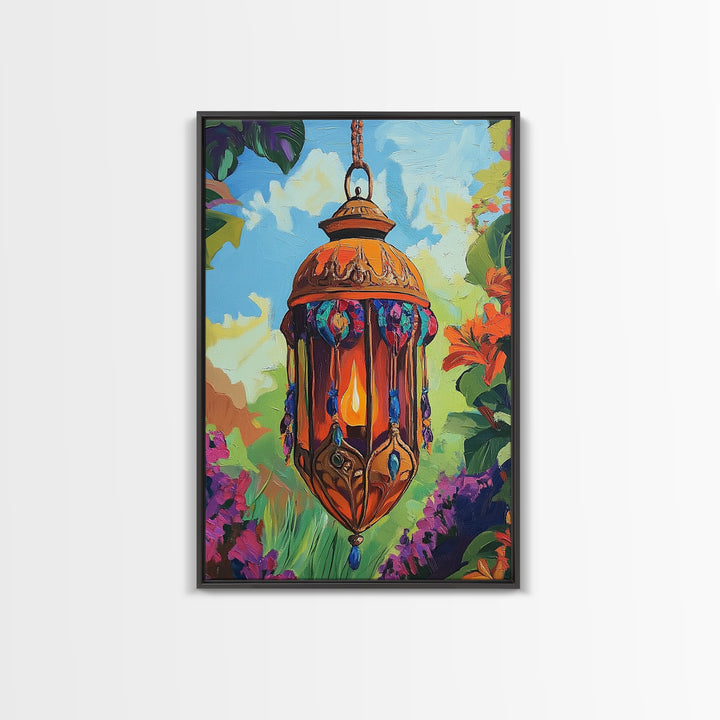 Boho Lantern, Glow, Garden, Framed Canvas Print, Moroccan Lantern Art, Boho Wall Decor, Eclectic Lighting Artwork, Patio Living Room Art