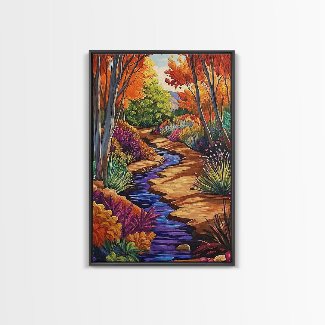 Autumn Forest, Stream, Pathway, Framed Canvas Print, Fall Nature Wall Art, Cozy Cabin Decor, Boho Living Room Landscape Artwork