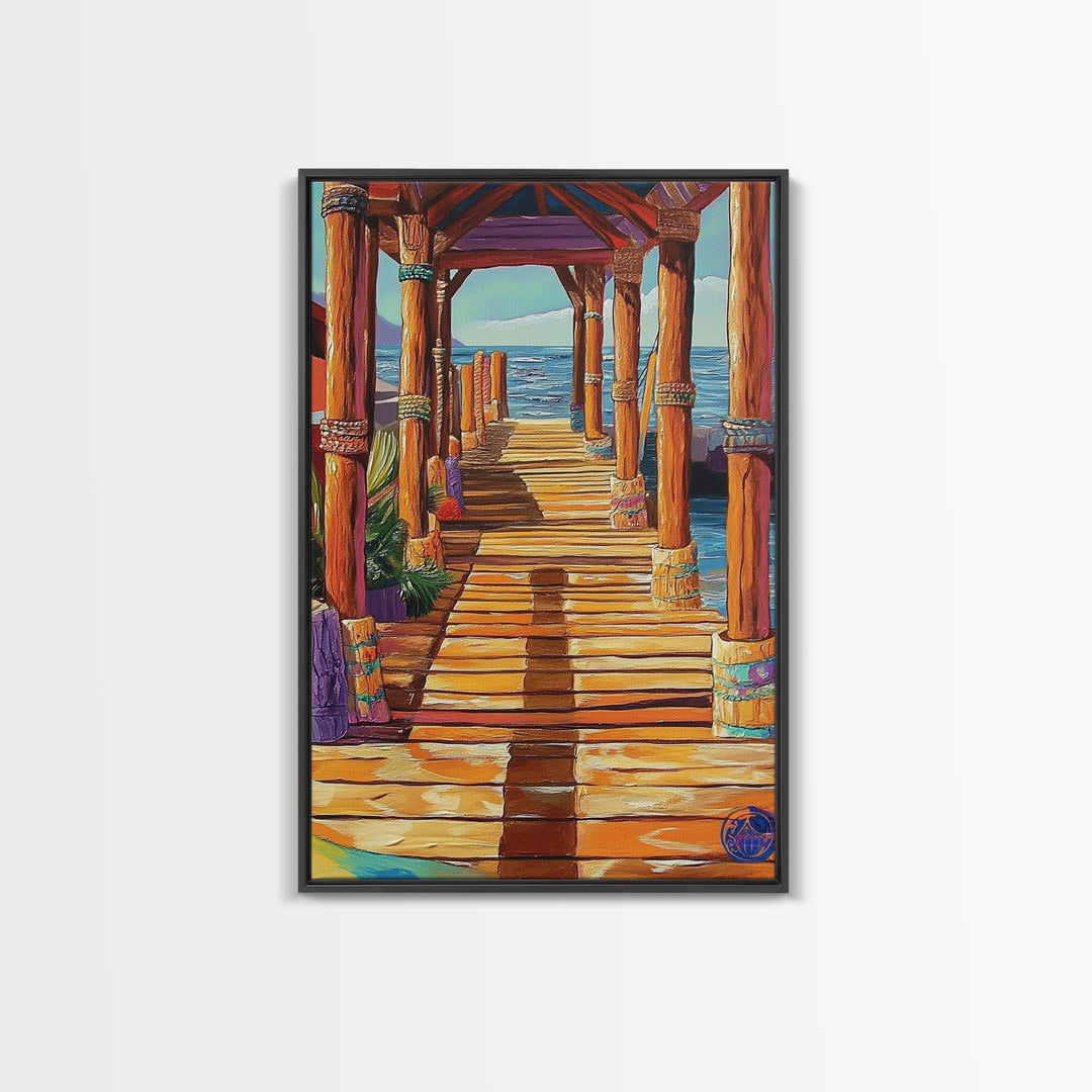 Dock Ocean, Pier, Sunset, Framed Canvas Print, Nautical Coastal Wall Art, Beach House Entryway Decor, Rustic Seaside Living Room