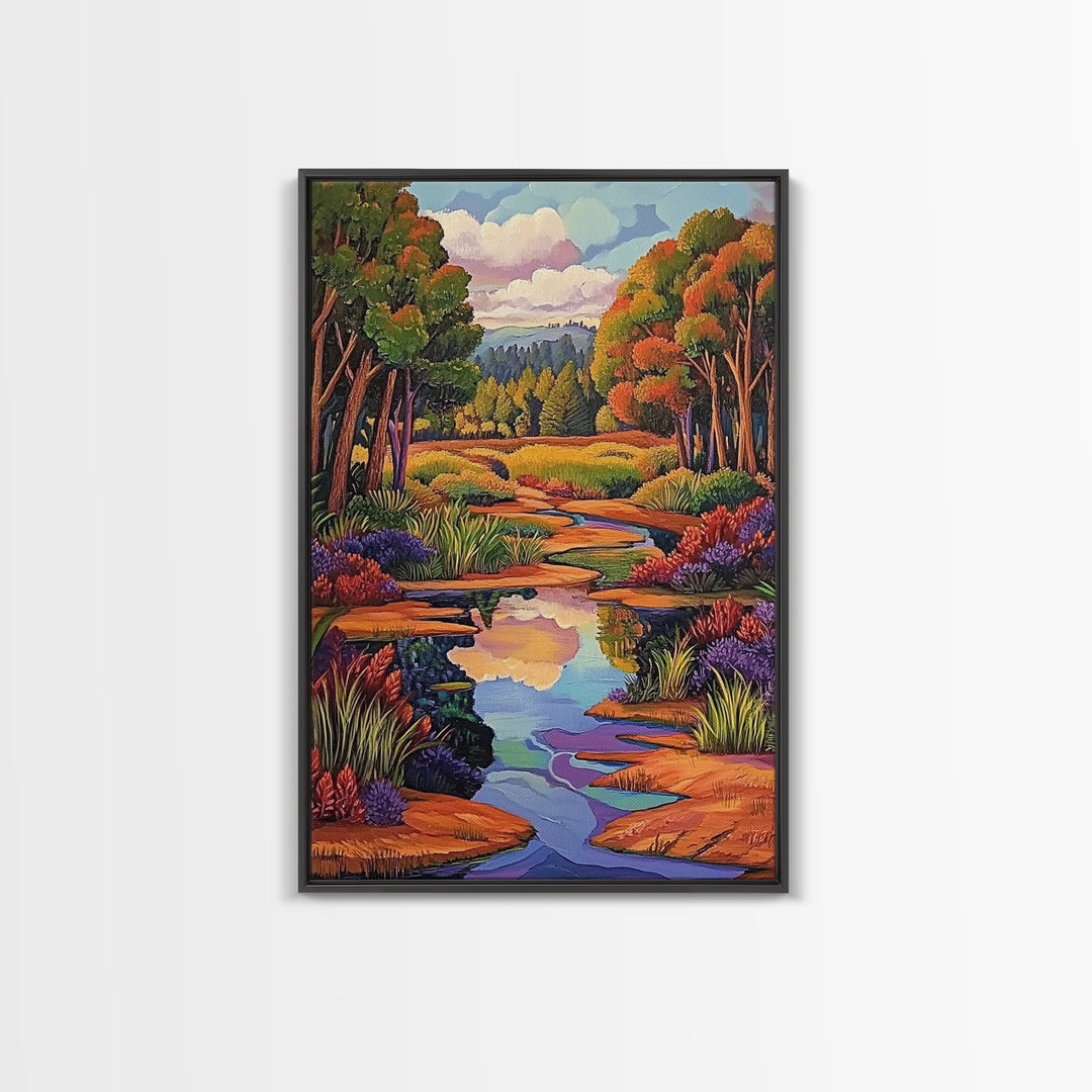 Autumn Trees, Reflection, Canvas Print, Fall forest scene, living room art, nature inspired decor, woodland painting, cozy autumn vibes