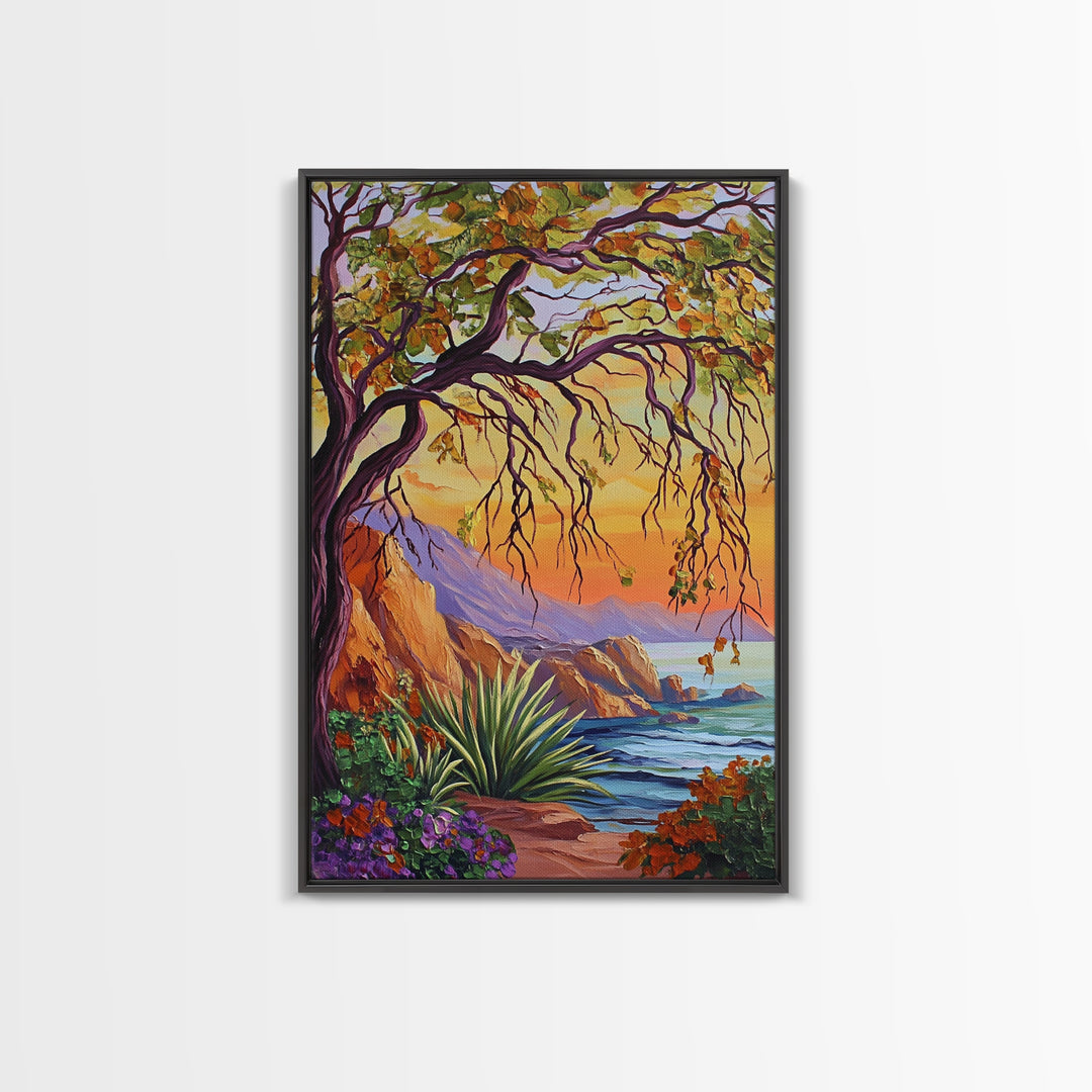 Coastal Tree View, Ocean Cliff Art, Sunset Seascape Painting, Nature Wall Decor, Framed Canvas Print, Hallway Wall Art, beach house art