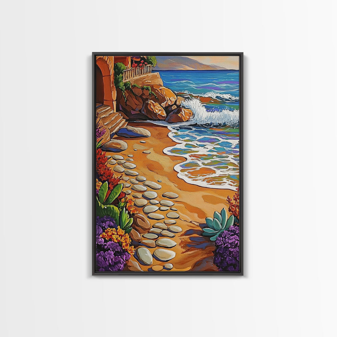 Coastal Path, Beach Steps, Ocean View, Canvas Print, tropical art, relaxing decor, vibrant seascape, Bathroom Wall Art
