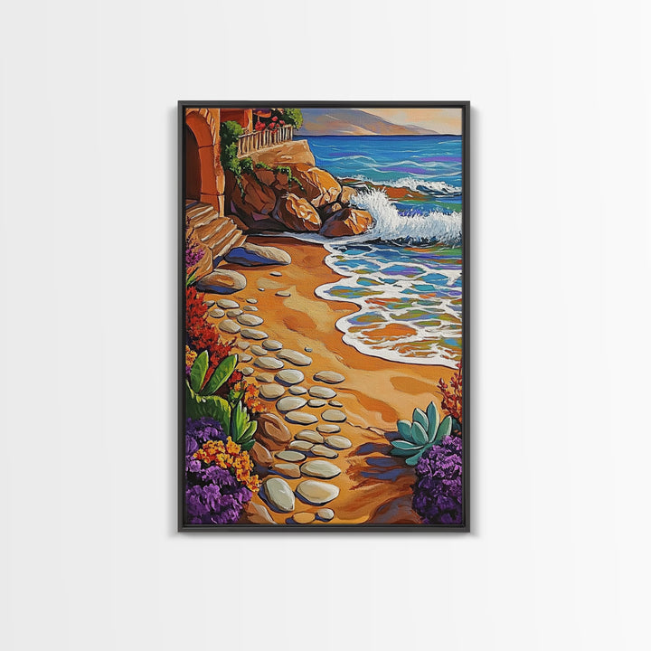 Coastal Path, Beach Steps, Ocean View, Canvas Print, tropical art, relaxing decor, vibrant seascape, Bathroom Wall Art