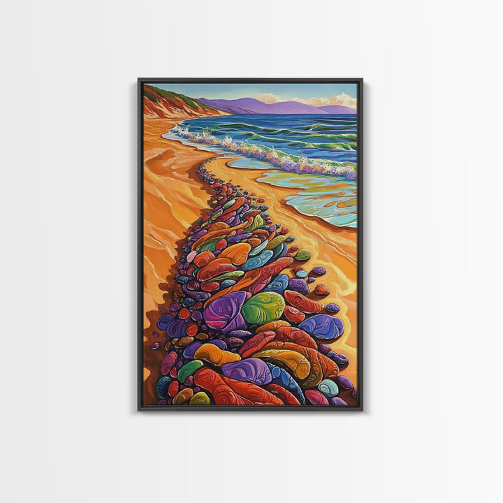 Colorful Rocks, Coastal Art, Vibrant Beach, Framed Canvas Print, nature-inspired painting, whimsical art, Hallway Wall Art