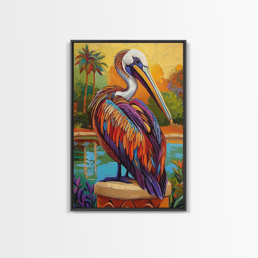 Pelican Portrait, Coastal Bird, Tropical Scene, Canvas Print, beach house decor, boho coastal art, Wildlife Painting, Living Room Wall Art
