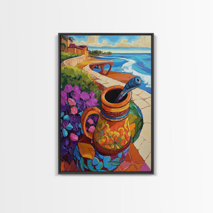 Ocean View, Rustic Charm, Colorful Pottery, Coastal Decor, Framed Canvas Print, Dining Room Wall Art, Mexican Folk Art, vibrant style
