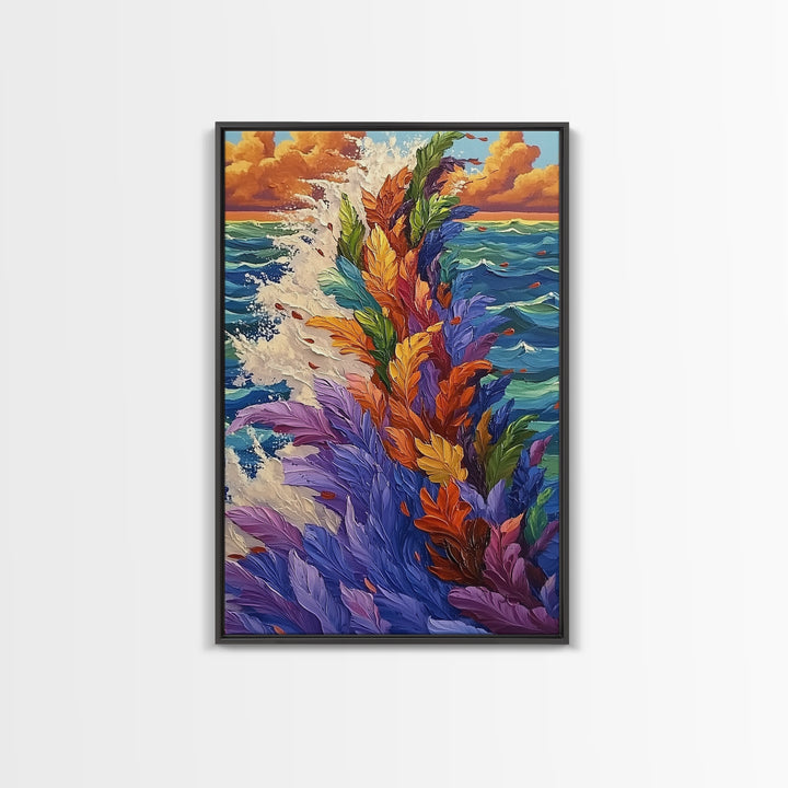 Ocean Feathers, Splash Art, Bright Abstract, Color Burst, Framed Canvas Print, Living Room Wall Art, modern tropical art, bold color