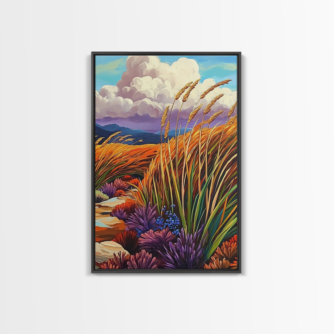 Autumn Prairie, Golden Fields, Windy Wheat, Nature Trail, Framed Canvas Print, Fall Wall Art, rustic farmhouse decor, cozy style