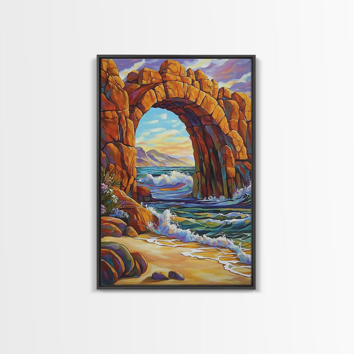 Ocean Arch, Wave Drama, Cliff Coast, Sunset Light, Framed Canvas Print, Living Room Wall Art, Coastal Landscape, Nature Inspired Art