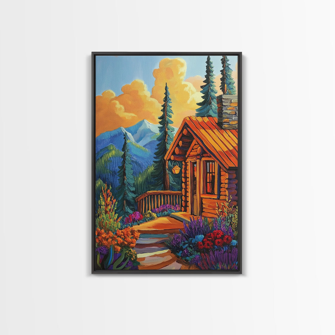 Cabin Escape, Fall Glow, Mountain Forest, Rustic Beauty, Canvas Print, Autumn Wall Art, Log Cabin Decor, Cozy Living Room Accent
