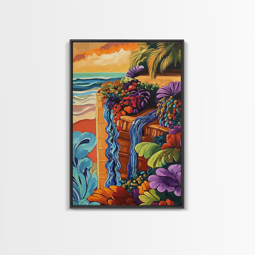 Tropical Garden Waterfall, Coastal Wall Art, Sunset Jungle Scene, Framed Canvas Print, Vibrant Nature Painting, Living Room Boho Art