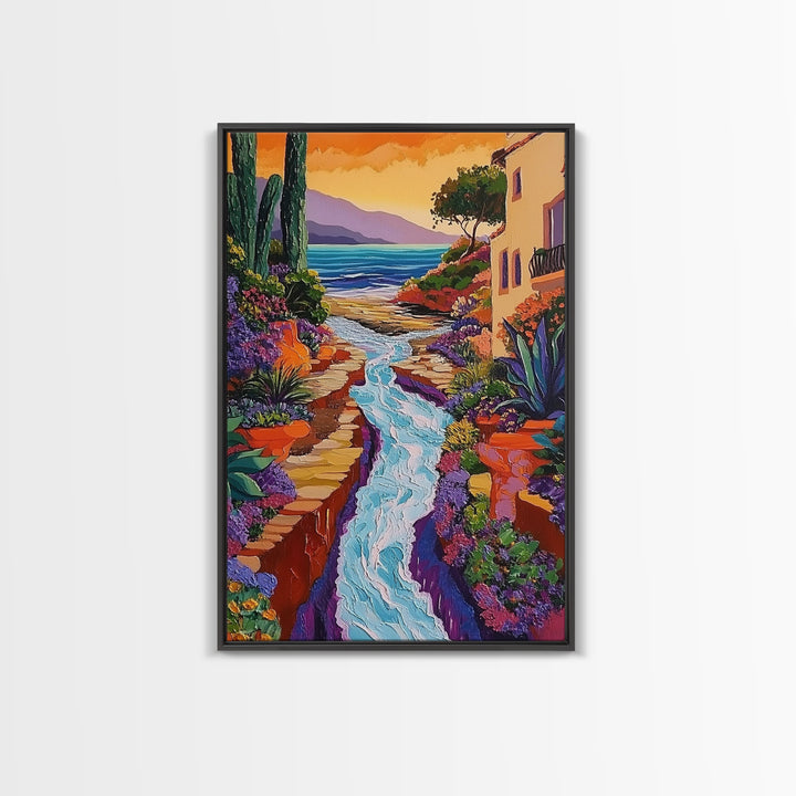Coastal Pathway Stream, Sunset Cactus Art, Vibrant Garden Trail, Canvas Print, Mediterranean Landscape, Kitchen Wall Decor, Boho Art