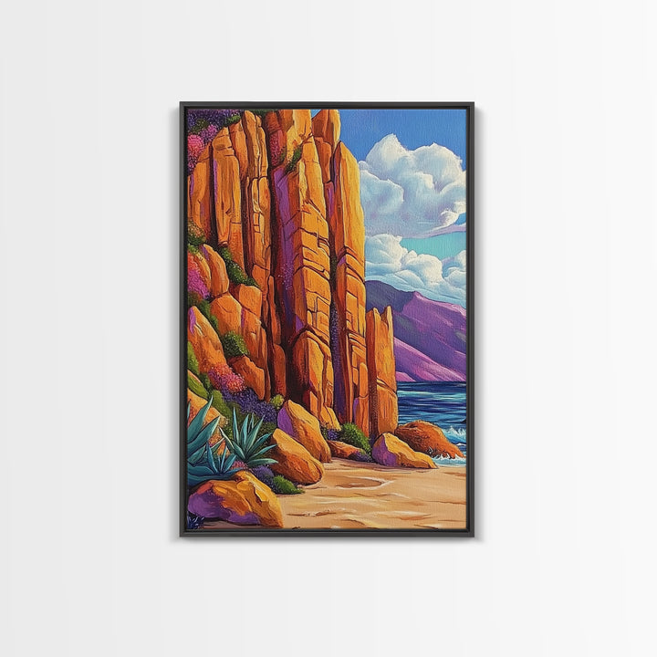 Desert Cliffs and Sea, Coastal Rock Formation, Vibrant Shoreline Scene, Canvas Print, Living Room Wall Art, Bold Nature Painting