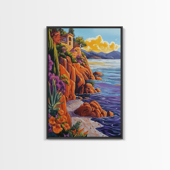 Ocean Cliffside Villa, Seaside Sunset Art, Purple Water Shoreline, Canvas Print, Kitchen Wall Art, Vibrant Mediterranean Landscape