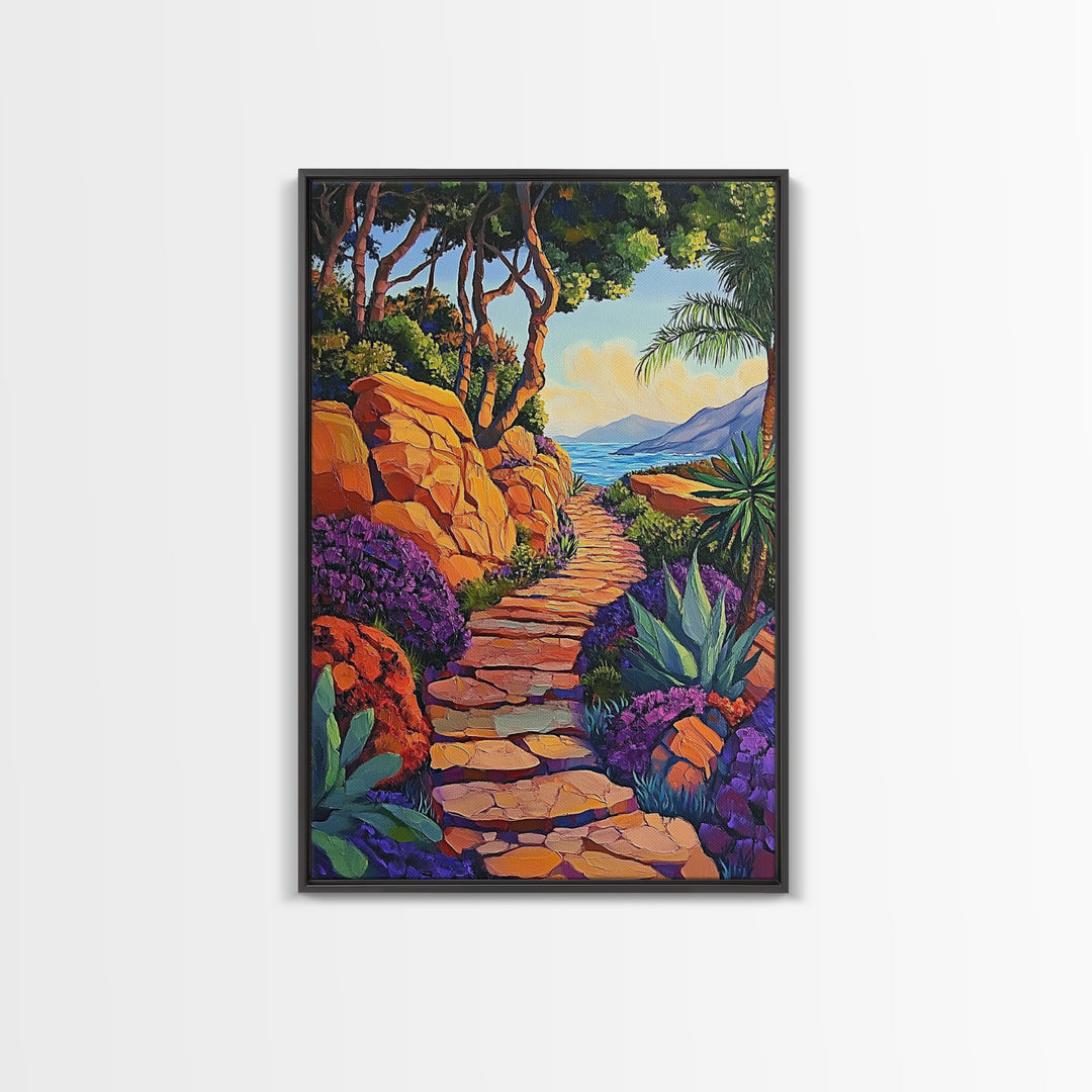 Coastal Trail, Vibrant Path, Tropical Landscape, Nature Art, Sunset Vibes, Living Room Wall Art, Canvas Print, Boho Chic Decor