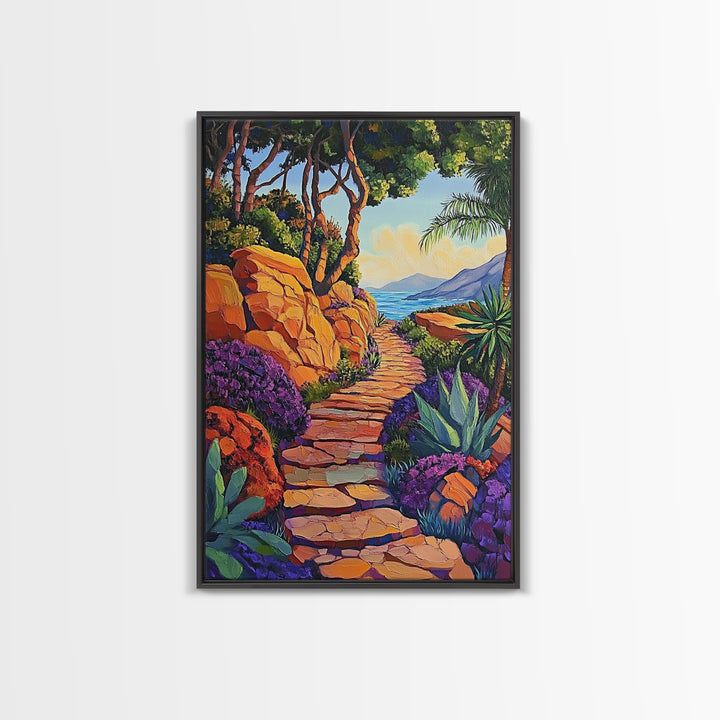Coastal Trail, Vibrant Path, Tropical Landscape, Nature Art, Sunset Vibes, Living Room Wall Art, Canvas Print, Boho Chic Decor