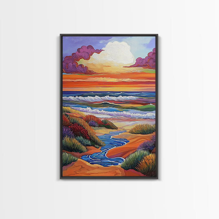 Coastal Sunset, Rolling Waves, Vibrant Beachscape, Boho Ocean Scene, Living Room Wall Art, Seaside Decor, Framed Canvas Print