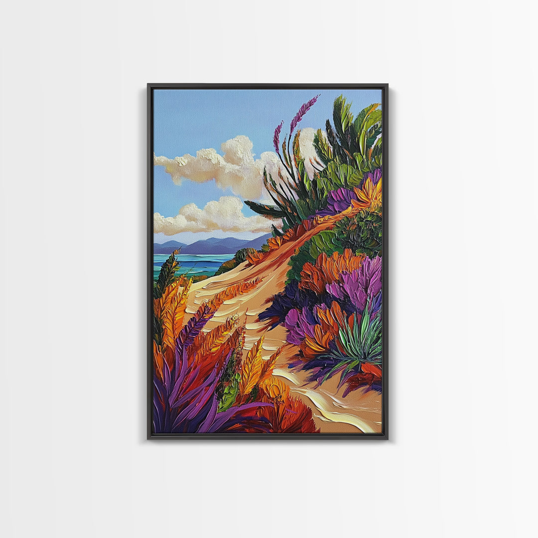 Ocean Cliff Path, Colorful Flora, Coastal Desert View, Summer Breeze Art, Beach House Wall Art, Canvas Print, Boho Nature Style