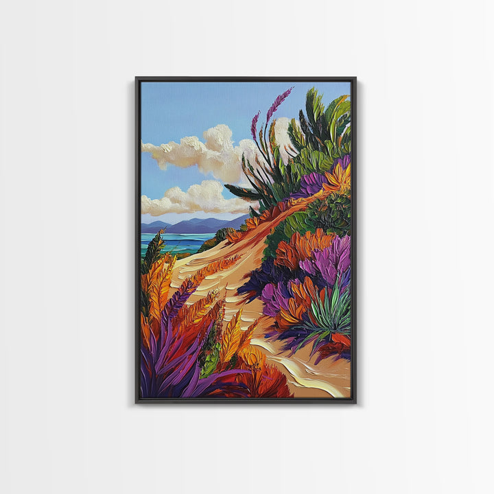 Ocean Cliff Path, Colorful Flora, Coastal Desert View, Summer Breeze Art, Beach House Wall Art, Canvas Print, Boho Nature Style