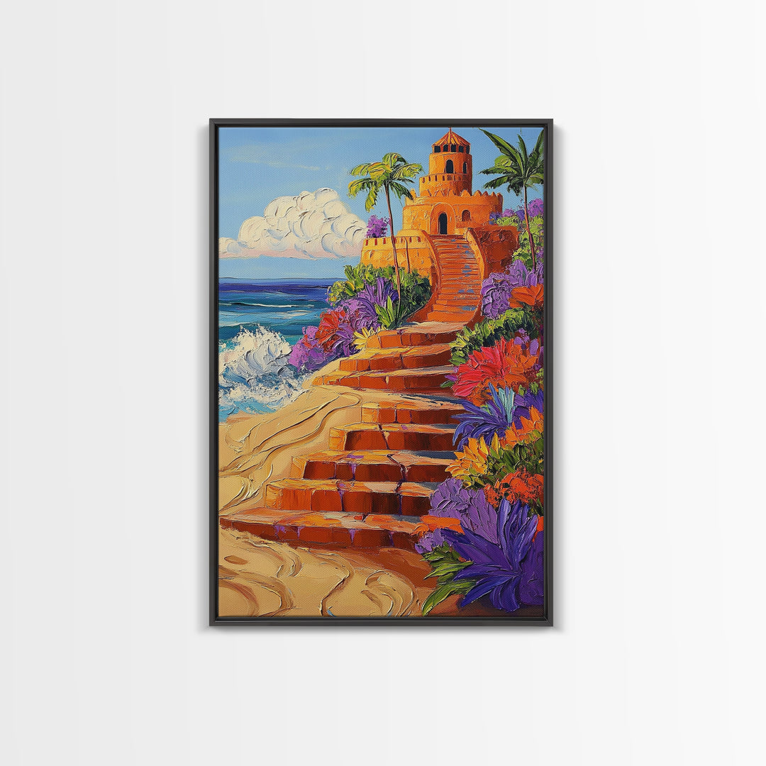 Coastal Castle, Vibrant Tropics, Seaside Fantasy Art, Bold Beach Decor, Playful Wall Accent, Framed Canvas Print, Tropical Style Room