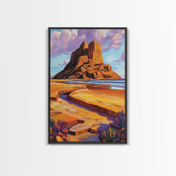 Desert Monolith, Canyon Rock, Purple Sky, Southwest Vibes, Framed Canvas Print, Boho Wall Art, Desert Landscape, Office Wall Decor