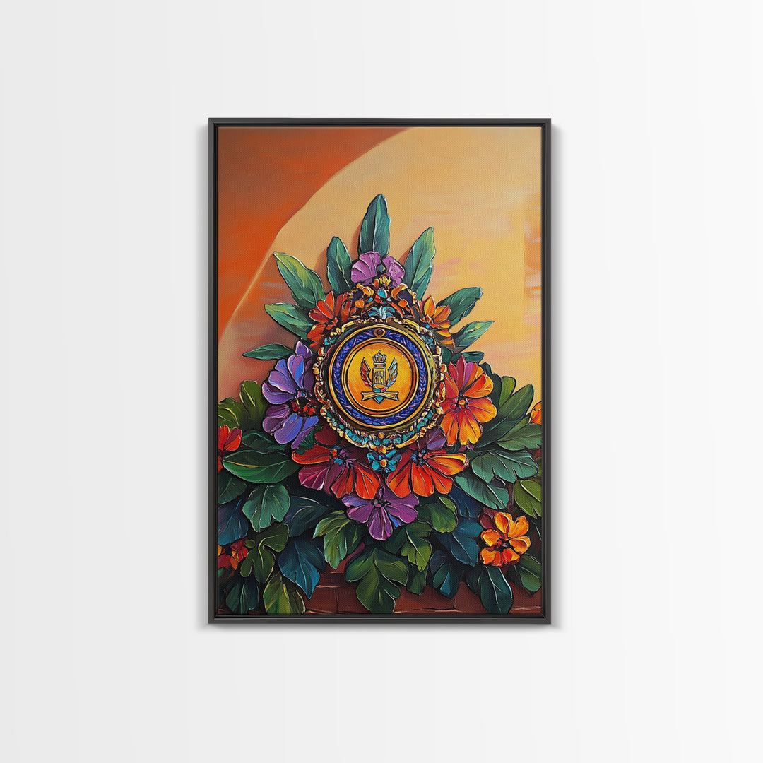 Royal Crest, Floral Emblem, Mediterranean Decor, Vibrant Details, Framed Canvas Print, Kitchen Wall Art, Spanish Wall Art, Regal Vibe