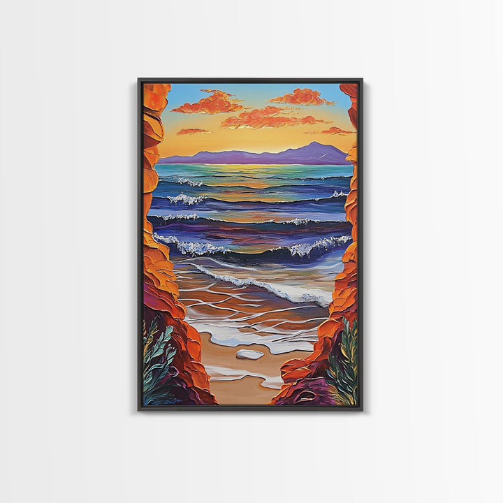 Ocean Horizon, Cliffside View, Sunset Waves, Peaceful Seascape, Framed Canvas Print, Living Room Wall Art, Beach Window View