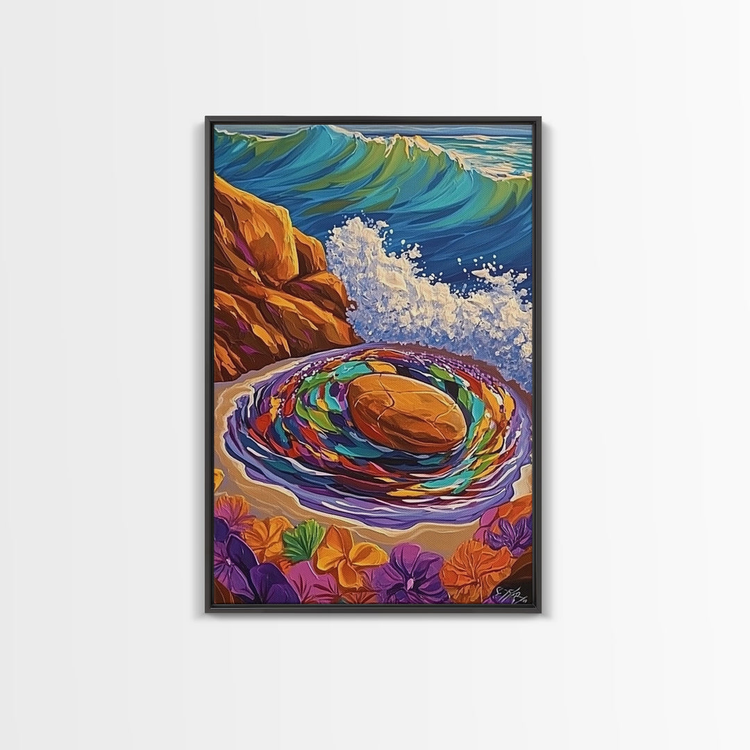 Ocean Spiral Stones, Coastal Zen Art, Sea Energy Waves, Framed Canvas Print, Boho Beach Wall Art, Meditation Room Decor, Nature Spiritual Art